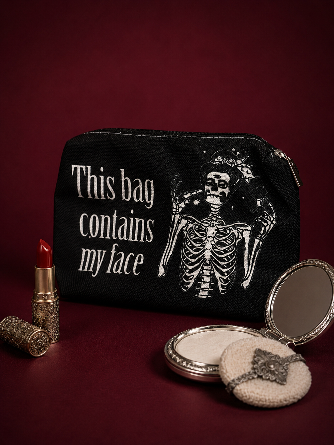 “This bag contains my face” pouch
